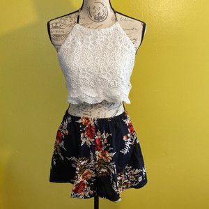 FLORAL WHITE LACE HALTER TOP W/FLORAL SHORTS SET